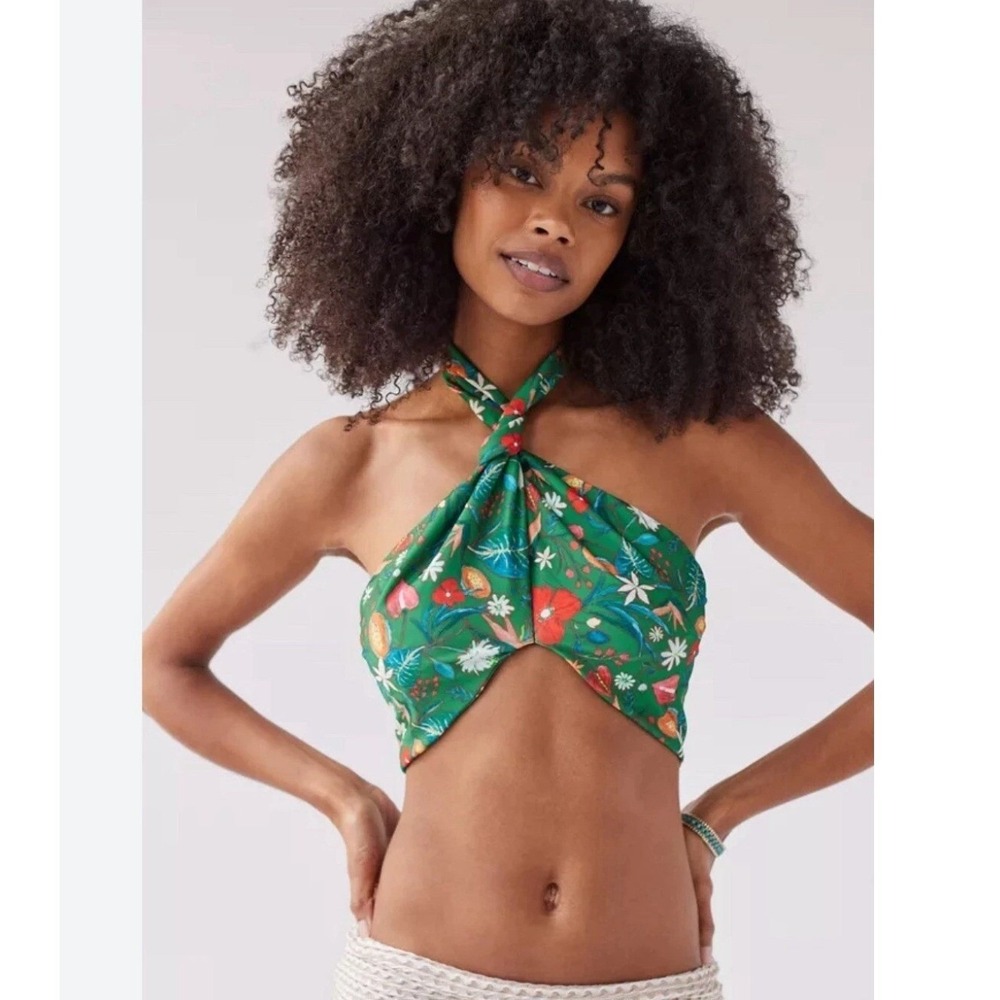 Out From Under Urban Outfitters NWT Green Botanical Floral Halter Crop Top Large